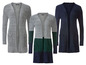 Drei lange Woll-Cardigans mit Taschen: Grau, Grau mit grünen und blauen Streifen und Dunkelblau.