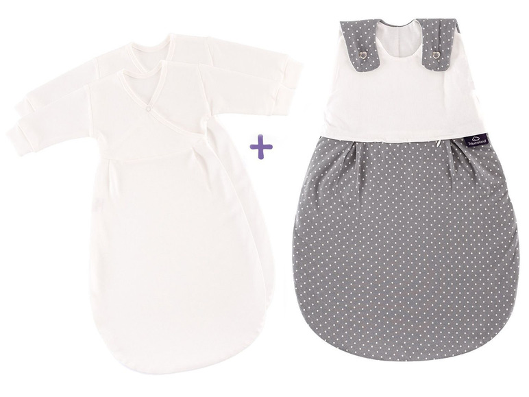 Zwei weiße Schlafsäcke mit langen Ärmeln und ein grauer Schlafsack mit weißen Punkten der Marke 