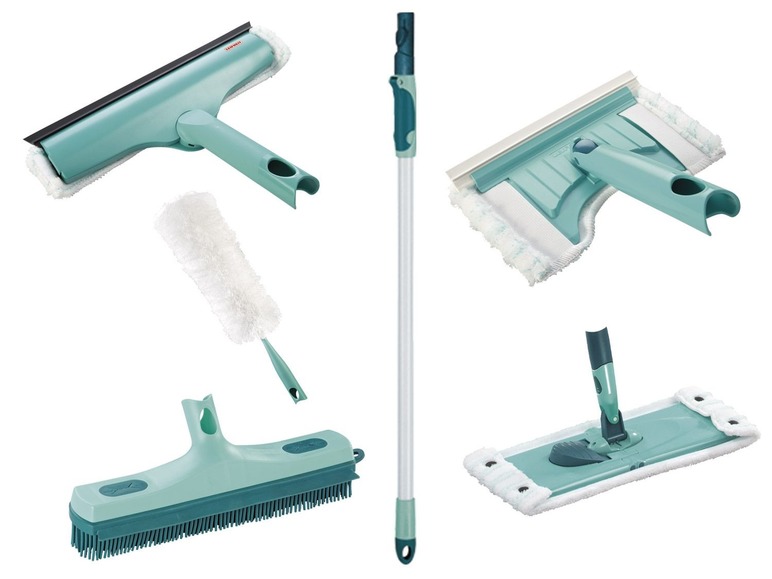 Wischmopp, Fensterwischer und Besen für die Haushaltsreinigung.