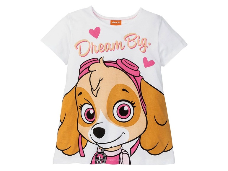 Weißes T-Shirt mit Skye von der Paw Patrol und dem Text 'Dream Big'.