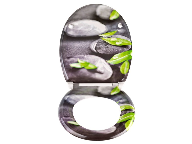 Toilettensitz mit Zen-Motiv, mit Bild von Steinen und Blättern.
