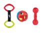 Nerf Dog Spielzeug: Ein Ring, ein Ball und eine Hantel.
