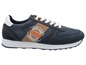 Blaue Sneakers mit orangen und braunen Details, 'Vintage League Championship' Logo.