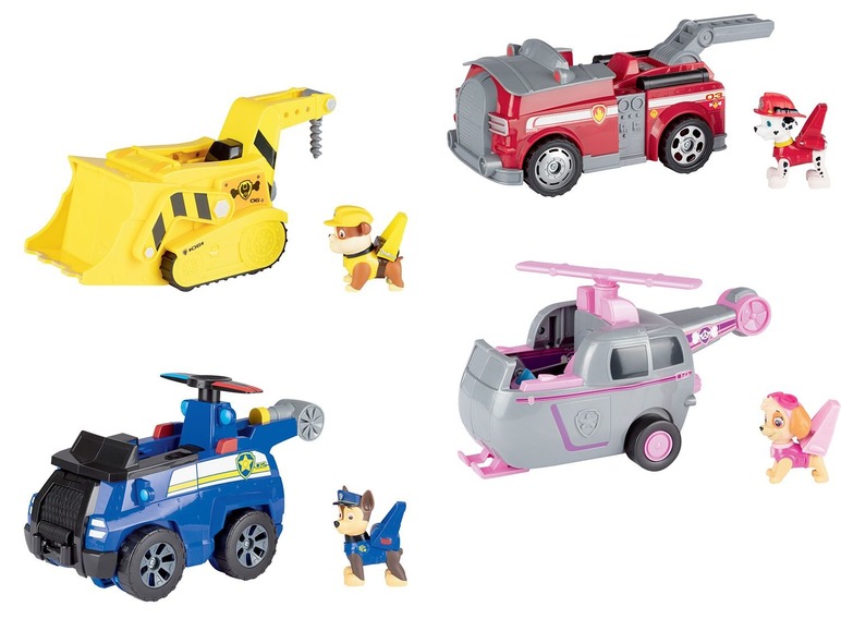 Paw Patrol Spielzeugfahrzeuge, darunter ein Feuerwehrauto, ein Helikopter, ein Bulldozer und ein Polizeiauto.