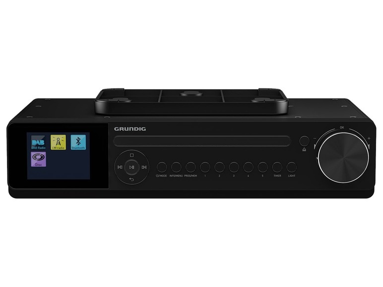 Ein schwarzes Grundig Radio mit DAB+, FM, Bluetooth und CD-Player.