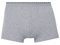 Graue Boxershorts mit einem schwarz-weiß gestreiften Bund.