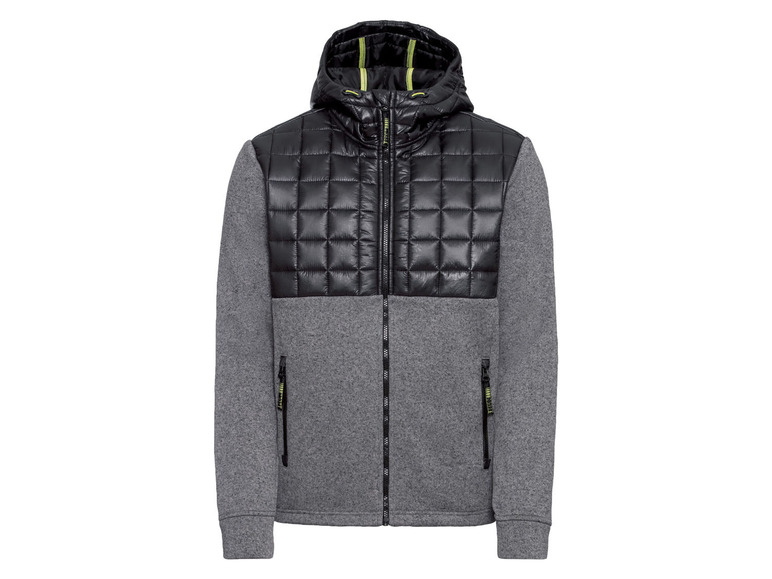 Eine graue und schwarze Kapuzenjacke mit gestepptem Oberteil.