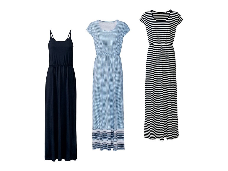 Drei Maxikleider: ein schwarzes, ein gestreiftes und ein mit blauem Muster.