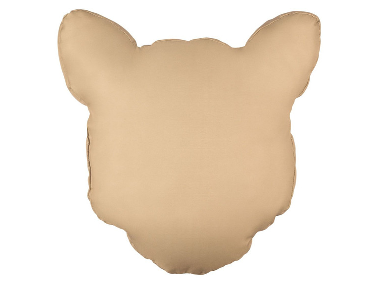 Beige Kissen in Katzenkopfform.