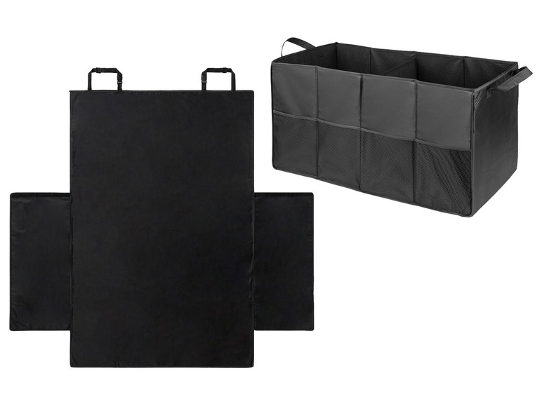 Ein schwarzer Autositzschutz und ein Kofferraumorganizer.