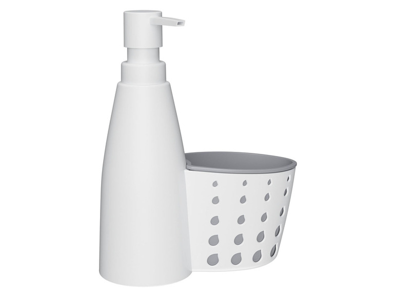 Ein weißer Seifenspender mit einem grauen Abtropfgestell