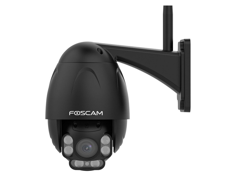 Eine schwarze Foscam-Sicherheitskamera mit schwenkbarer Linse.