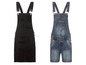 Zwei Denim-Overalls: ein schwarzer Rock und eine blaue kurze Hose.