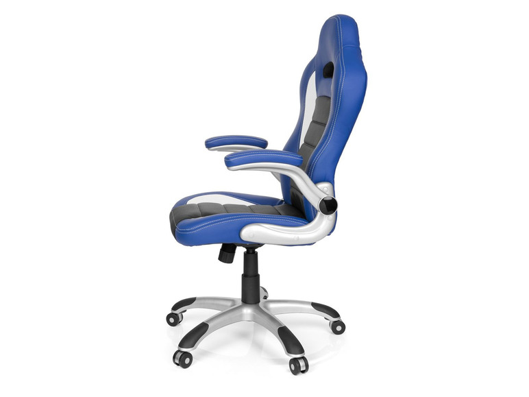 Blauer Gaming-Stuhl mit silbernem Gestell.
