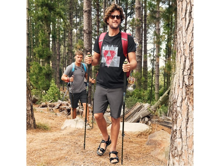 Zwei Männer wandern mit Wanderstöcken durch einen Wald.