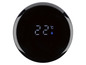Ein runder, schwarzer Thermostat mit einem digitalen Display, das 22 Grad Celsius anzeigt.