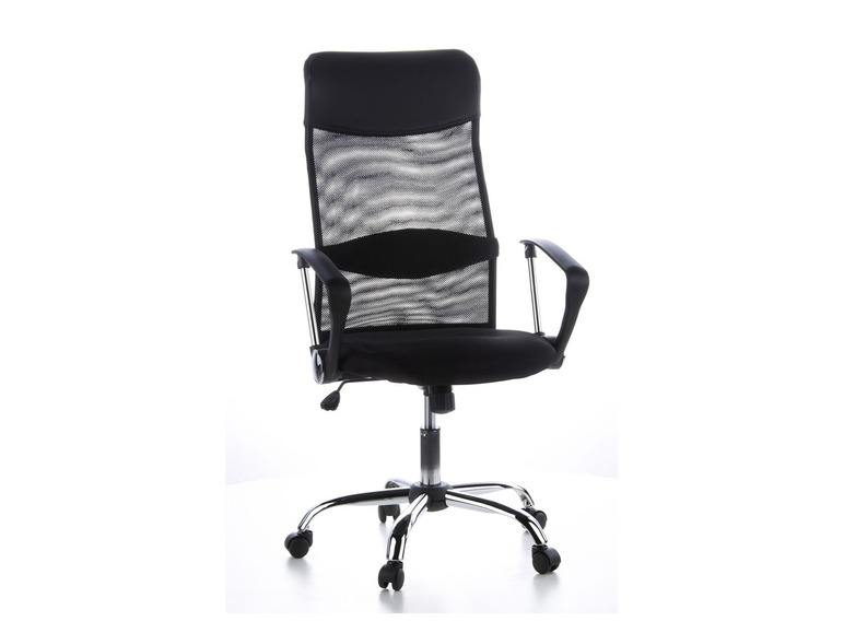 Schwarzer Bürostuhl mit Mesh-Rückenlehne und Armlehnen.