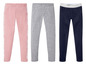 Drei Leggings: Rosa mit 'TOFC VIC TO Fury' Druck, grau und dunkelblau.