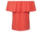 Ein orangefarbenes Top mit Off-Shoulder-Design und Rüschen am Ausschnitt.