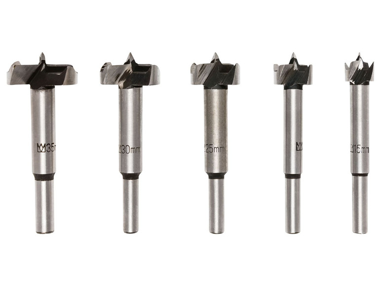 Satz mit fünf Bohrkronen mit Durchmessern von 35mm, 30mm, 25mm, 20mm und 15mm.