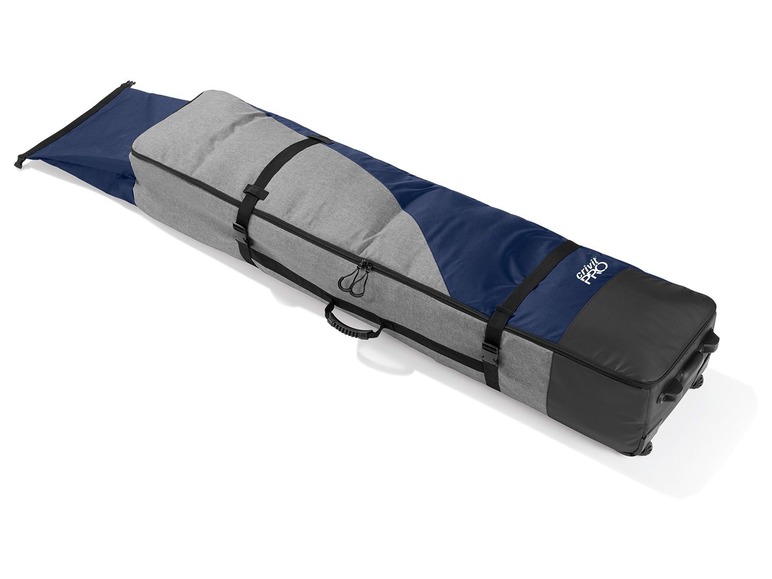 Eine graue und blaue Ski- oder Snowboardtasche mit Rollen der Marke Grit Pro.