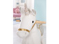 Weißes Plüsch-Schaukelpferd mit Einhorn-Motiv.