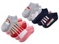 Ein Set mit sechs Paar Socken mit Regenbogen- und Streifendesign.