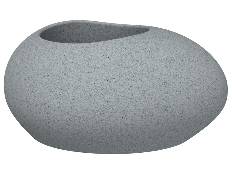 Grauer, runder Blumentopf mit rauer Textur.