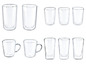 Ein Set Glasbecher, darunter zwei isolierte Becher mit Henkel.