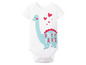 Ein weißer Babybody mit einem blauen Dinosaurier und dem Schriftzug 'Pretty Saurus'.