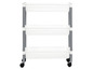 Weiße Aufbewahrungskörbe auf Rollen mit grauen Rahmen.