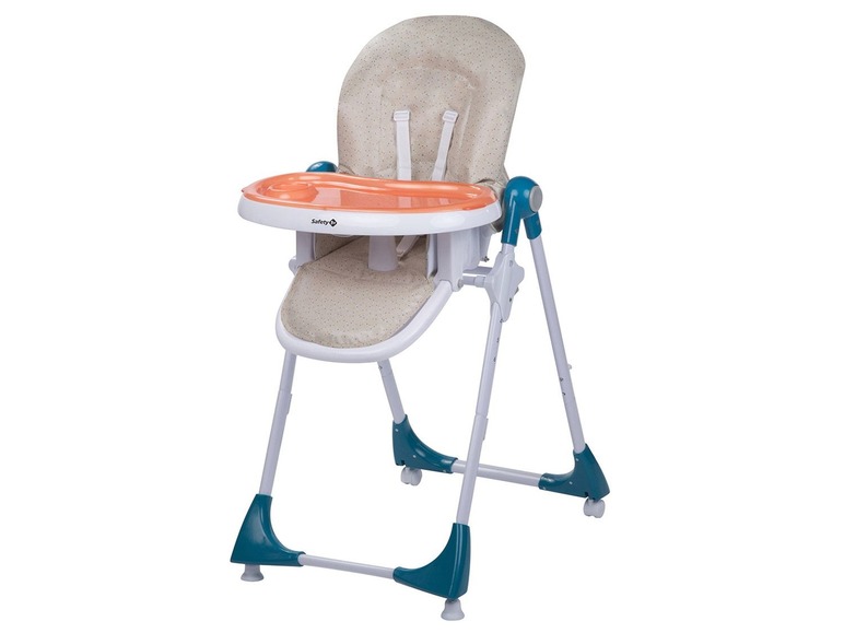 Ein Safety 1st Hochstuhl mit einem orangefarbenen Tablett und einem beigen Sitz.