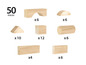 Ein Set mit 50 Holzbausteinen, einschließlich rechteckiger, runder, dreieckiger und bogenförmiger Bausteine.
