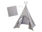Ein graues Tipi-Zelt mit weißen Sternen für Kinder.