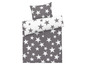 Graue Bettwäsche mit weißen Sternen.