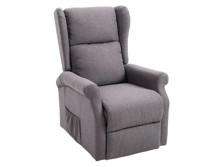 Grauer Relaxsessel mit hoher Rückenlehne und Stauraum.