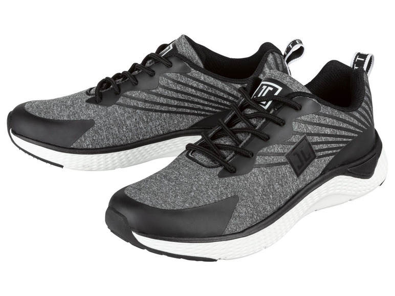 Ein Paar graue und schwarze Turnschuhe der Marke 'JL'.
