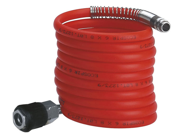 Ein roter Ecospir Schlauch mit Kupplungen.