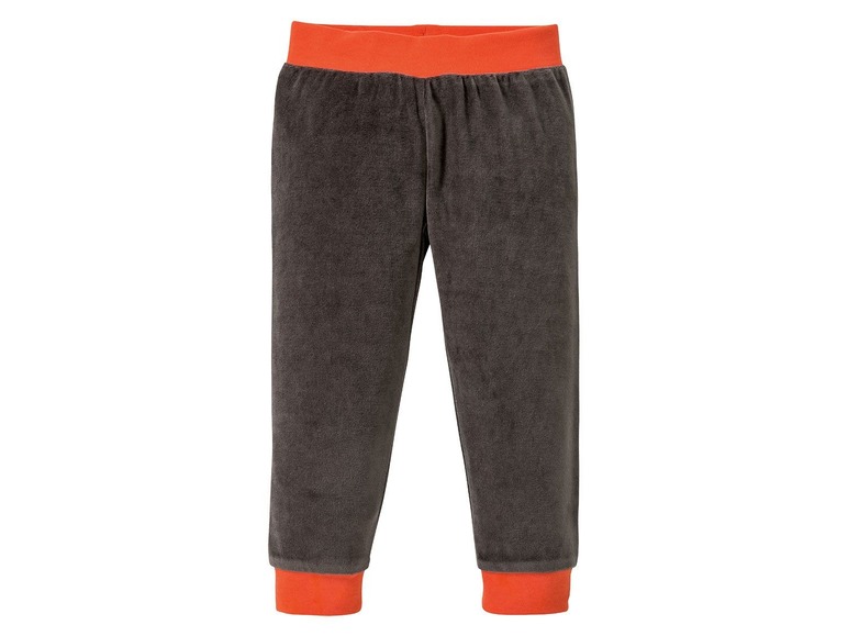 Graue Jogginghose mit orangenen Bündchen.