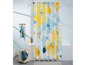 Duschvorhang mit gelbem und blauem Blumenmuster.