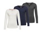 Drei Langarmshirts von Esmara in Weiß, Dunkelblau und Grau.