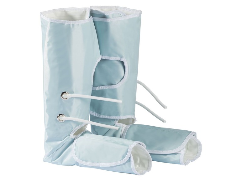 Zwei hellblaue Bein-Kompressionsgeräte.