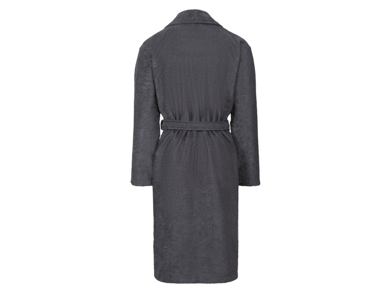 Ein dunkelgrauer Bademantel mit Gürtel.