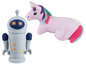 Ein rosa Einhorn und ein grauer Roboter, beide sind Stiftehalter.