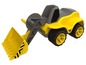 Gelber Spielzeugbagger mit Schaufel und großen Rädern.