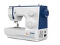 Eine weiße Nähmaschine mit blauen Akzenten, 'Power & Stretch' Funktion.