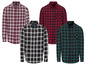 Drei lange, karierte Hemden in Rot, Schwarz und Grün.