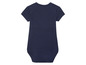 Ein dunkelblauer Babybody mit kurzen Ärmeln.