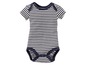 Ein gestreiftes Baby-Bodysuit mit kurzen Ärmeln.