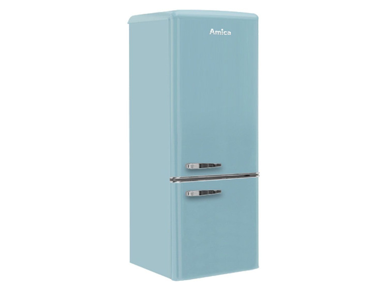 Amica Retro-Kühlschrank in blauer Farbe.